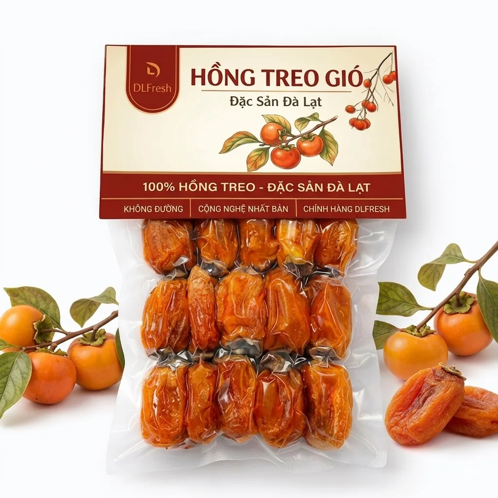 Hình ảnh sản phẩm Hồng Treo Gió DLFresh 200g đóng gói túi zip, thích hợp dùng làm món ăn vặt hoặc quà tặng đặc sản Đà Lạt.